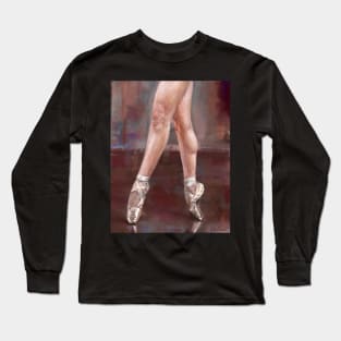 Painting of Ballet Dancer Legs and Shoes on Pointe, Maroon Background Long Sleeve T-Shirt